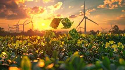 Green recycling symbol with sunrise over a field with wind turbines. Green energy solutions and sustainable power engineering and eco-friendly technology. Generative AI