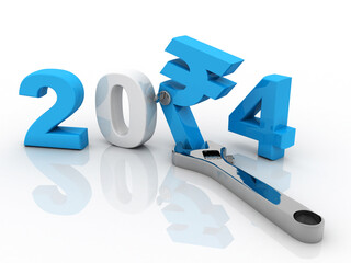 3D illustration Rupee currency sign with 2024 near adjustable wrench