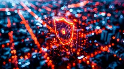 Cybersecurity shield enveloping a digital city neon codes as barriers