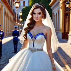 Naklejka premium bride in a white dress on the street | Bridal white dress | Outfit of a bride in white color | Bridal look with blond hair