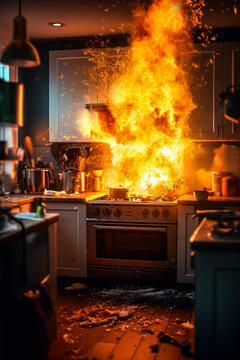 A dramatic scene unfolds as flames engulf a kitchen, billowing thick smoke into the air. The intense fire creates a chaotic and dangerous situation in the cooking area.