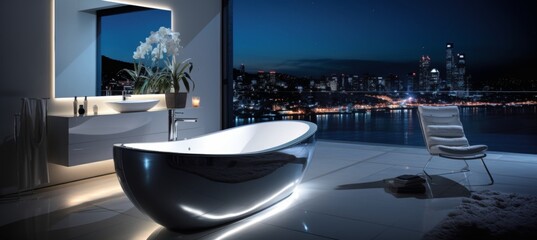 Sleek bathroom at night with shower, bathtub, mirror, and washstand for modern living spaces.