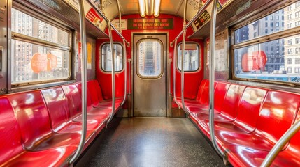Empty interior of a subway car, urban public transportation vehicle with no passengers