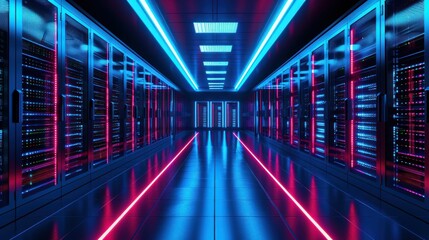 Illuminated by striking neon blue and pink lights, a high-tech data center proudly showcases its modern network infrastructure.