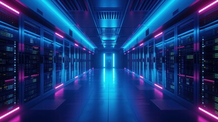 Illuminated by striking neon blue and pink lights, a high-tech data center proudly showcases its modern network infrastructure.