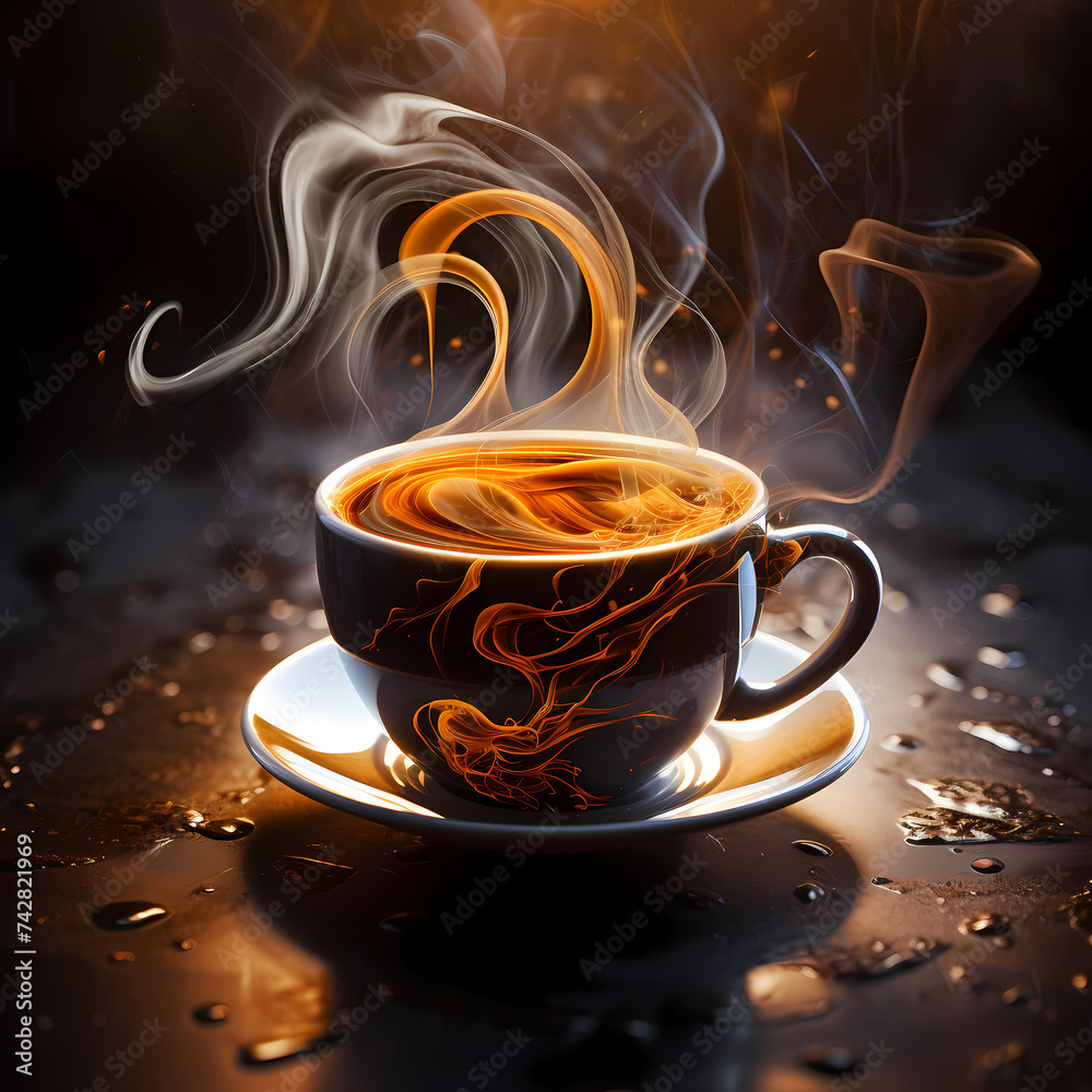 Poster Close-up of a coffee cup with swirling steam. 