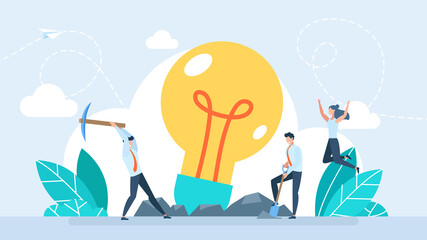 Business idea concept. Flat tiny businessman character dig success light bulb with pickaxe. Concept of brainstorming and creating. Man digging with a shovel to find an idea. Flat illustration.