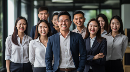 Business portrait of Asian people in the office. Smiling employees of creative company, teamwork AI generated - obrazy, fototapety, plakaty