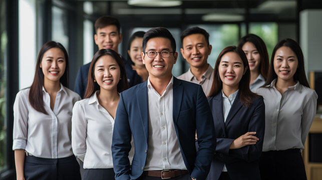 Business portrait of Asian people in the office. Smiling employees of creative company, teamwork AI generated