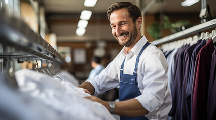 A man works in a dry cleaner, laundry worker at work AI generated