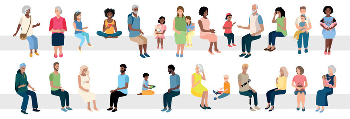 Happy people of different ages and nationalities are sitting. Men and women, elderly people and children sit in different positions. Big vector set of sitting people isolated on white background. - 742822759