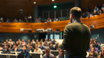 A speaker lectures to an audience in an auditorium