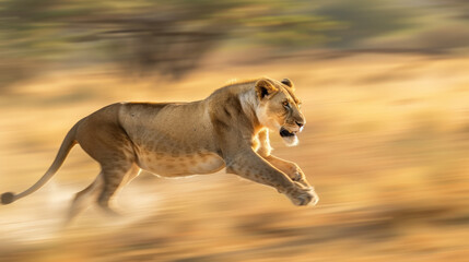 Majestic African Lion in Full Sprint Across the Savannah at Sunset
