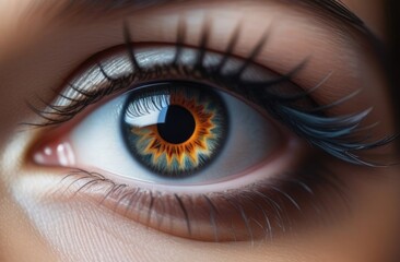 Fototapeta premium Eye close-up, macro shot of female eyes with very long eyelashes Perfectly shaped makeup and long eyelashes, pupil in the shape of the sun