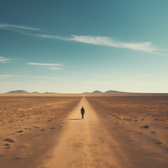 Fototapeta na wymiar Lone figure walking on an endless desert road.