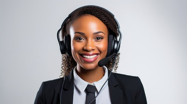 Close-up of a happy smiling African American woman dispatcher wearing a stylish black suit and jacket, with headphones and microphone on a white background.