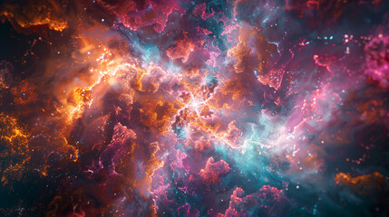 A kaleidoscope of vibrant magenta and golden hues swirling in cosmic dance. Ethereal mist with a touch of silver and teal. Abstract celestial spectacle. - obrazy, fototapety, plakaty