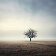 Lone tree in a misty morning meadow.