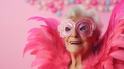 Elderly woman in a stylish pink feather boa and trendy pink glasses smiling joyfully at the camera