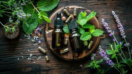 Herbal medicine capsules made from herb leaves on rustic wooden table background - obrazy, fototapety, plakaty