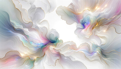 Abstract fluid flowing art by alcohol ink white tone with iridescent hues and gold with copy space text. For banner, background in concept luxury, dreamy, heaven.