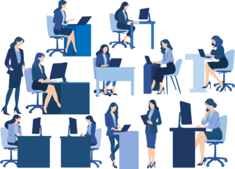 オフィスで仕事をする女性たちのイラストセット