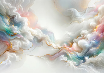 Abstract fluid flowing art by alcohol ink white tone with iridescent hues and gold with copy space text. For banner, background in concept luxury, dreamy, heaven.