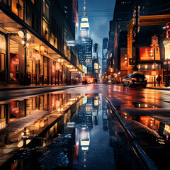 Reflection of city lights on a rainy urban street.