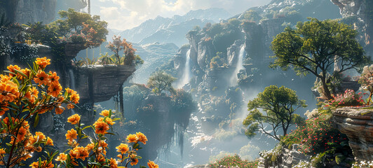 A breathtaking alien landscape with towering cliffs, cascading waterfalls, and exotic flowers under a serene sky. A panorama of otherworldly beauty and tranquility.