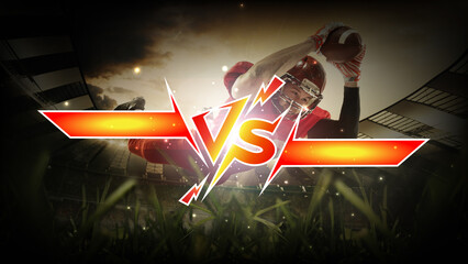 Graphic banner for versus matchups. illuminated in red-yellow inscription with empty space for your text against photo with American football player on field. Concept of sport matches, championship.