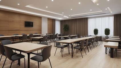 Interior of modern Class room with wooden floor and rows of tables with green chairs. 3d rendering