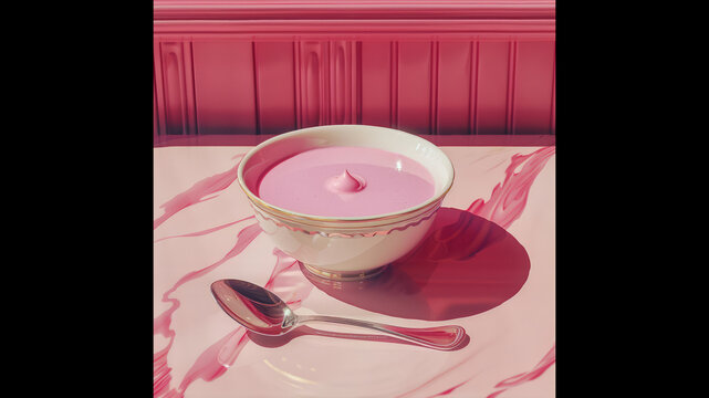 Pink soup, spoon, fork on a food photography image table