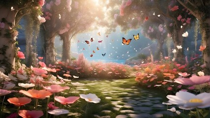 A hidden enchanted garden tucked away in a secret grove, filled with blooming flowers of vivid colors and delicate butterflies fluttering amidst floating petals. Soft, ethereal light filters through t - obrazy, fototapety, plakaty