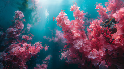 Fusion of cherry blossom pink and deep sea blue, with strokes of jade and coral. Abstract underwater fantasy. - obrazy, fototapety, plakaty