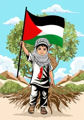 Fototapete Zeichnung Child from Gaza, little Boy with Keffiyeh and holding a Palestinian Flag symbol of freedom illustration 