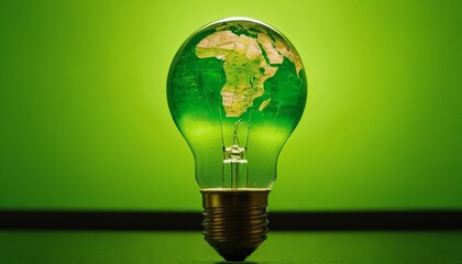 Light bulb with a green world map, on a green background. World Earth Day, environmental protection, renewable energy, does not harm the environment. Earth Hour. Concept of saving the world.