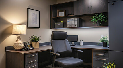 A cozy workstation nestled in a corner of the accountant's office, with soft lighting and ergonomic seating ensuring comfort during long hours of focused work