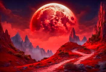Montagne Incantate- Visione Magica con Luna Rossa nel Cielo - obrazy, fototapety, plakaty