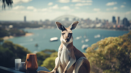 Visualize a sophisticated kangaroo in a tailored pinstripe suit, accessorized with a gold watch and leather loafers. Against a backdrop of urban skyline, it exudes business acumen and metropolitan cha - obrazy, fototapety, plakaty
