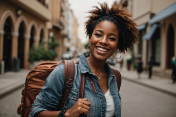 Happy wanderer in the city, casual and confident.