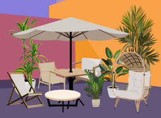 Cozy Patio with Outdoor furniture, potted plants. Garden yard, porch zone with interior elements, rattan armchairs, table, sofa, umbrella, exotic houseplants. Colorful vector realistic illustration.