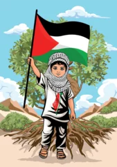 Abwaschbare Fototapete Zeichnung Child from Gaza, little Boy with Keffiyeh and holding a Palestinian Flag symbol of freedom Vector illustration isolated on White