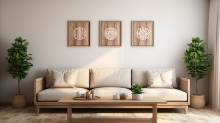 Modern Living Room With Couch, Coffee Table, and Potted Plants