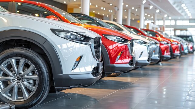 Close up of a car at a bustling car dealership showroom offering vehicles for sale or rent