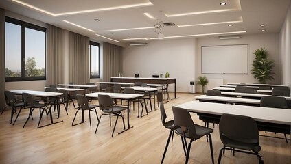 Fototapeta na wymiar Interior of modern Class room with wooden floor and rows of tables with green chairs. 3d rendering