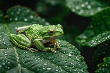 Obraz premium Green frog on leaf with water drops, macro photography, selective focus