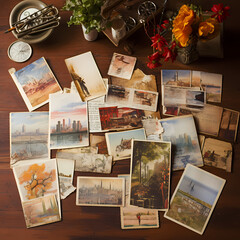 Fototapeta na wymiar Vintage postcards scattered on an antique table.