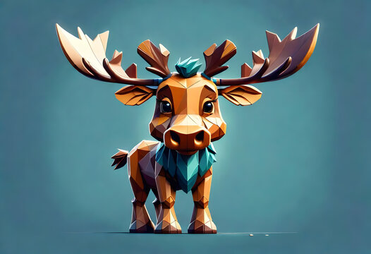 The image shows a digital artwork of a low poly moose standing in front of a blue background. The moose is brown with large, light brown antlers.