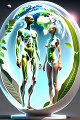 People of plant origin. Daily life on planet earth in another galaxy. Exterior. Interior. Living people, long transparent slim bodies.