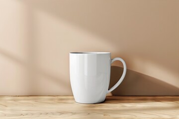 a white mug mockup on a wooden table.